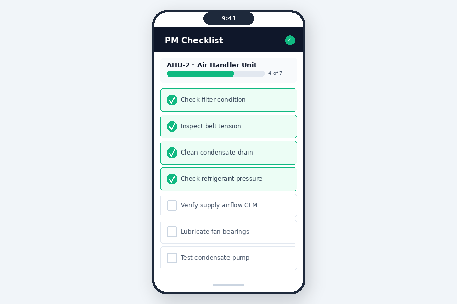 PM checklist completion on mobile app